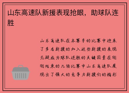 山东高速队新援表现抢眼，助球队连胜